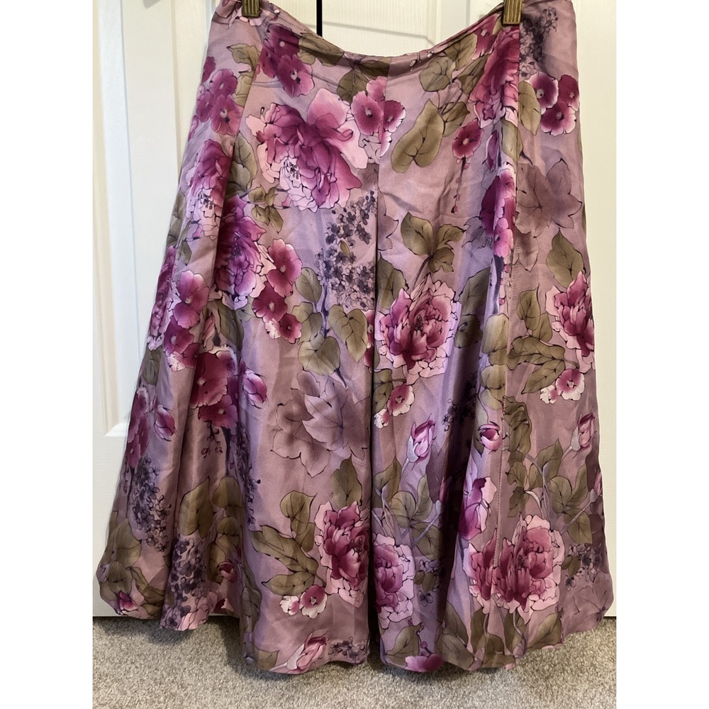 W.D.N.Y. Women's Floral 100% Silk Pleated Flowy Midi Length Skirt Size 6